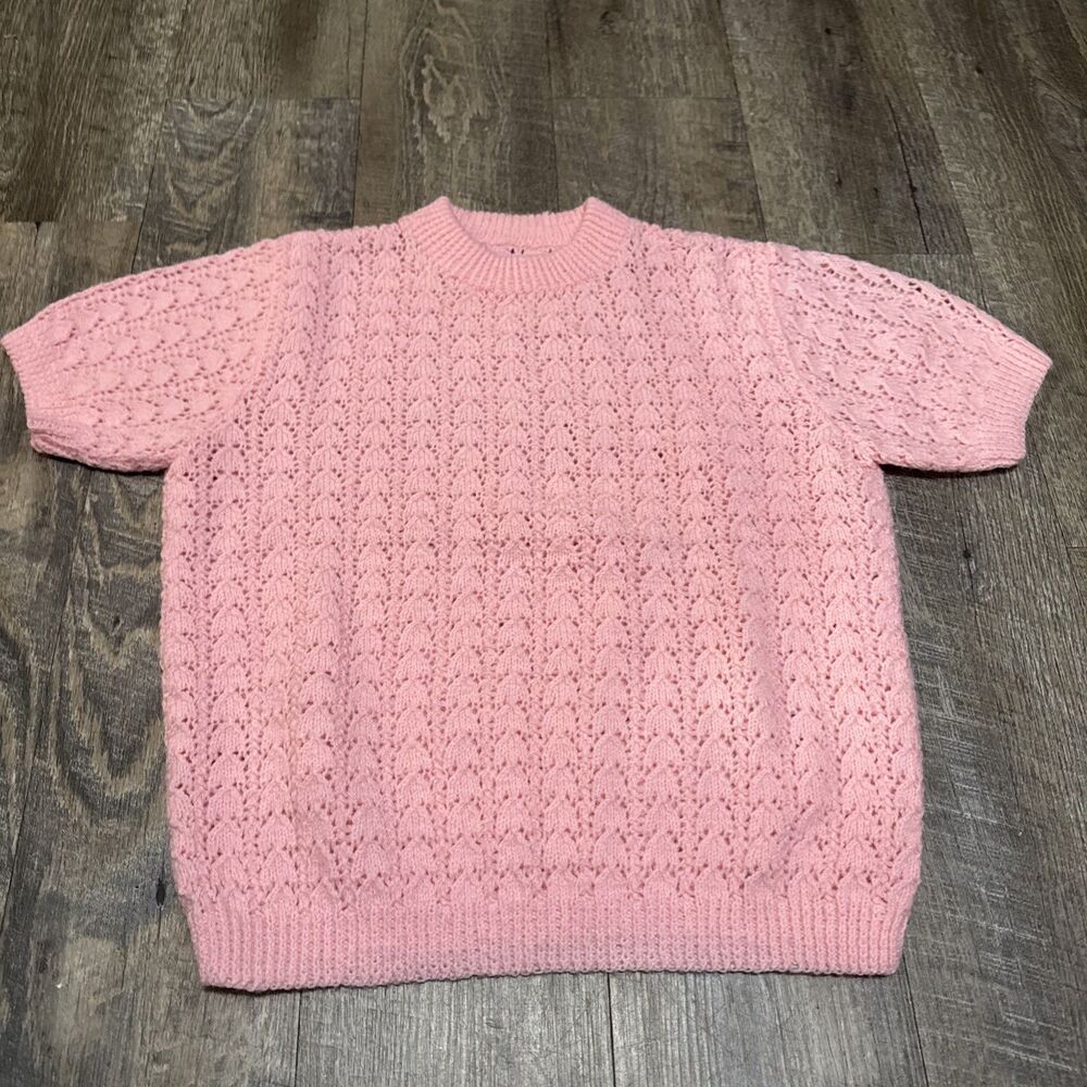 Hand Knit Pastel Pink Short Sleeve Sweater Top Pointelle Eyelet Lace Shirt S/m